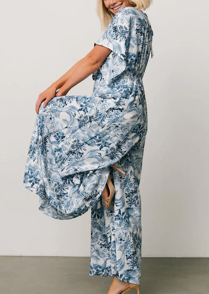 Bohemian Blue Print Lace Up Pockets Cotton Jumpsuit Summer AU1010 OM-ZS240902