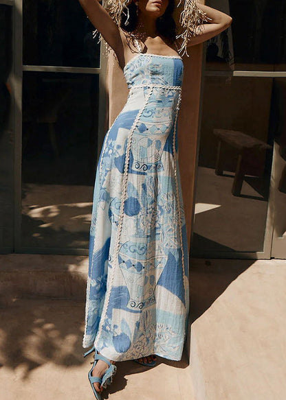 Dress Patchwork Print Summer Spaghetti Strap Bohemian Blue Long FashionChic