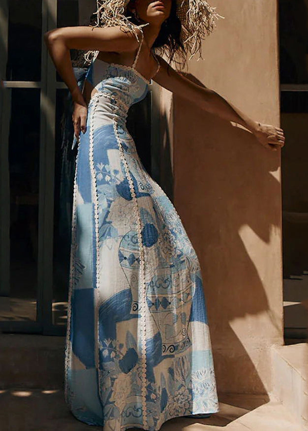 Dress Patchwork Print Summer Spaghetti Strap Bohemian Blue Long FashionChic