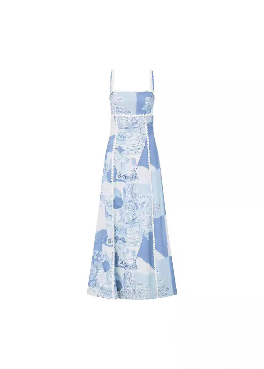 Dress Patchwork Print Summer Spaghetti Strap Bohemian Blue Long FashionChic
