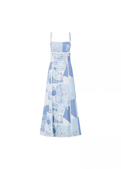 Dress Patchwork Print Summer Spaghetti Strap Bohemian Blue Long FashionChic