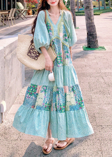 Bohemian Dresses Patchwork Print Half Blue Side Cotton Open Maxi FashionChic