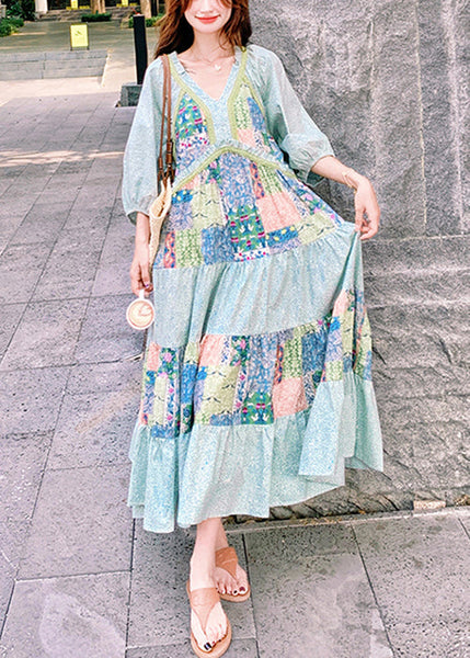 Bohemian Dresses Patchwork Print Half Blue Side Cotton Open Maxi FashionChic