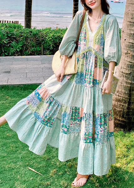 Bohemian Dresses Patchwork Print Half Blue Side Cotton Open Maxi FashionChic