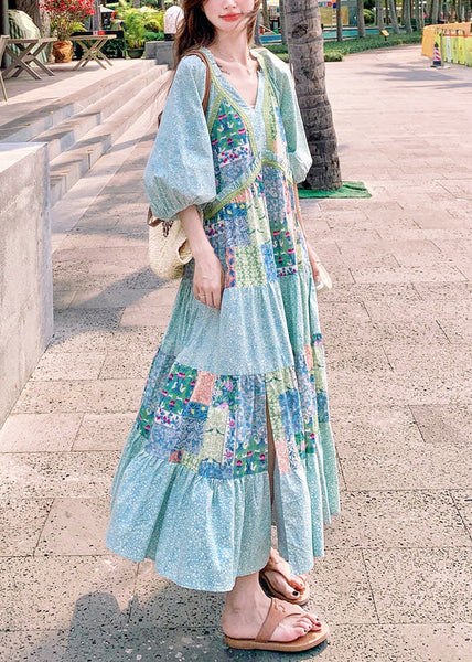 Bohemian Dresses Patchwork Print Half Blue Side Cotton Open Maxi FashionChic