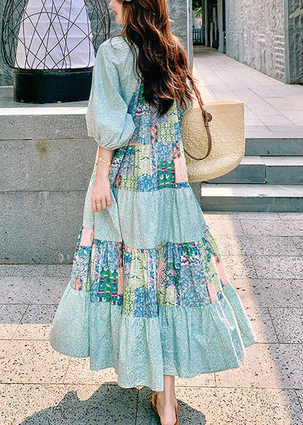 Bohemian Dresses Patchwork Print Half Blue Side Cotton Open Maxi FashionChic