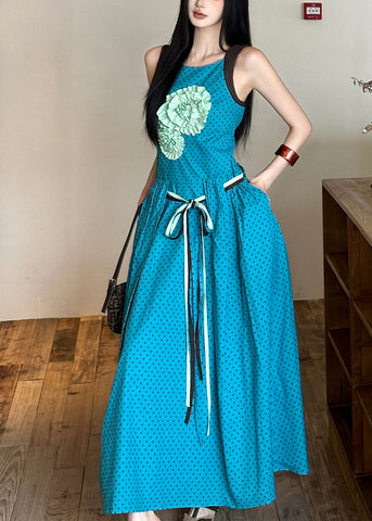Tie Cotton Decorated Dress Sleeveless Blue Waist Flower Bohemian FashionChic