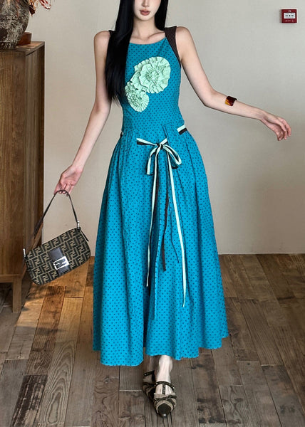 Tie Cotton Decorated Dress Sleeveless Blue Waist Flower Bohemian FashionChic