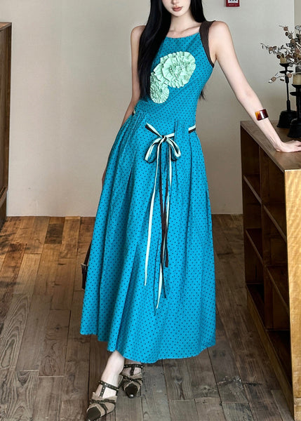 Tie Cotton Decorated Dress Sleeveless Blue Waist Flower Bohemian FashionChic