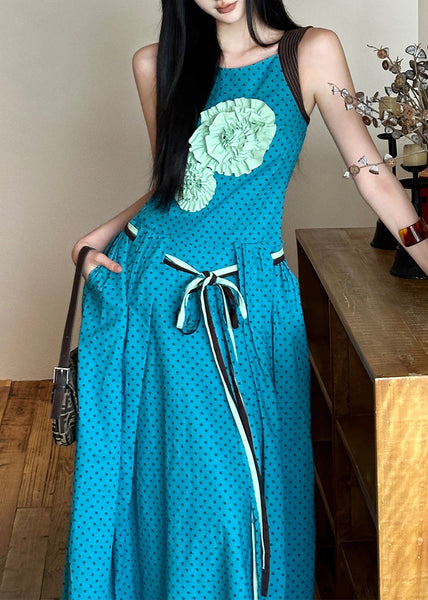 Tie Cotton Decorated Dress Sleeveless Blue Waist Flower Bohemian FashionChic