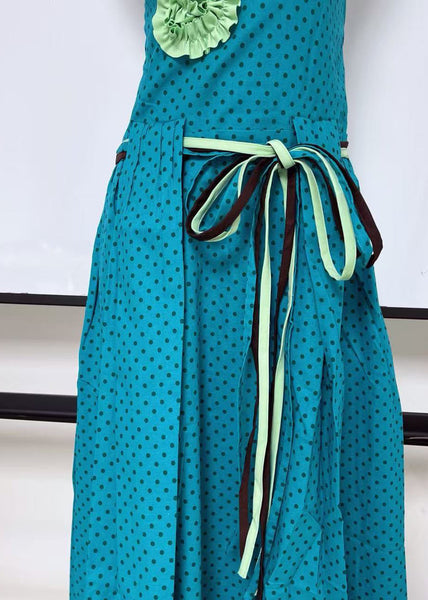 Tie Cotton Decorated Dress Sleeveless Blue Waist Flower Bohemian FashionChic