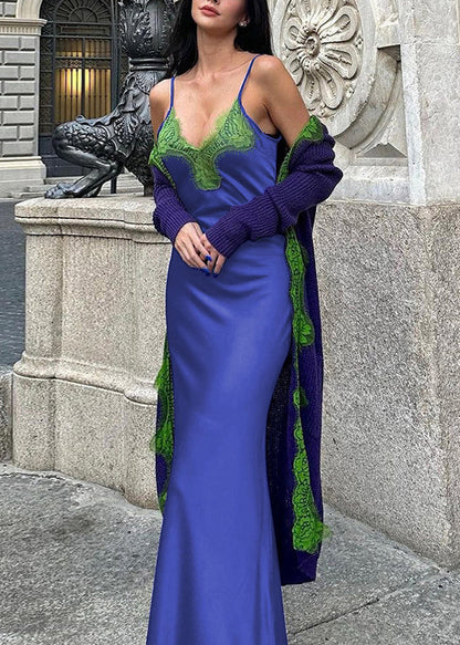 V Lace Patchwork Dress Bohemian Neck Spaghetti Strap Blue FashionChic