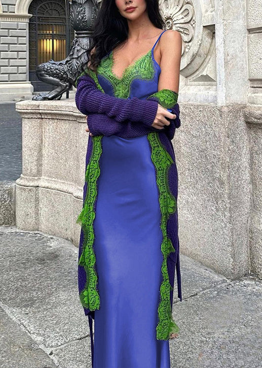 V Lace Patchwork Dress Bohemian Neck Spaghetti Strap Blue FashionChic