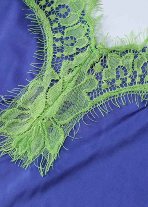 V Lace Patchwork Dress Bohemian Neck Spaghetti Strap Blue FashionChic