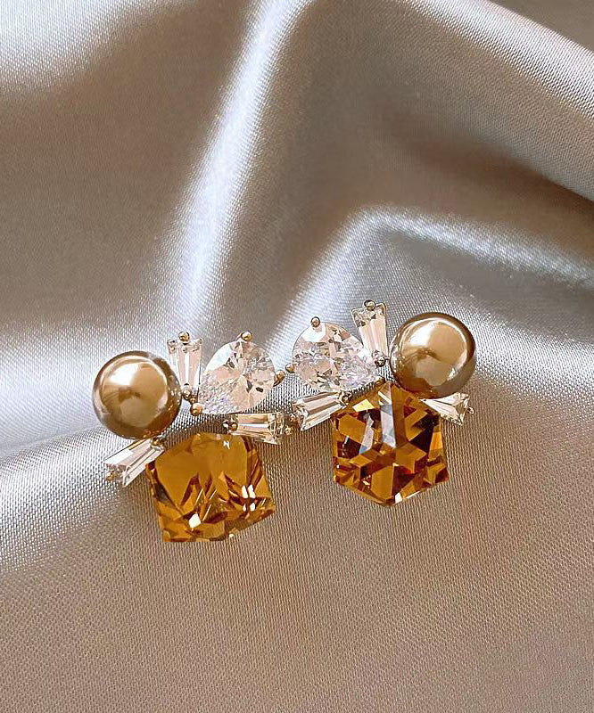 Brown Crystal Pearl Earrings Stud Alloy Bohemian FashionChic