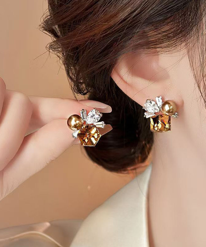 Brown Crystal Pearl Earrings Stud Alloy Bohemian FashionChic