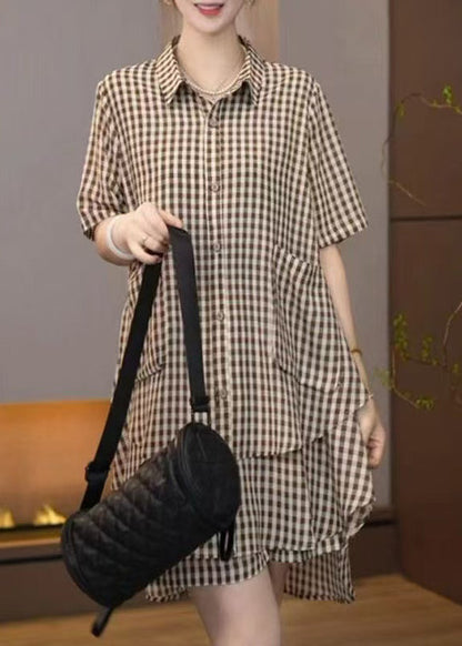 Cotton Brown Set Plaid Oversized Summer Two Bohemian Pieces FashionChic