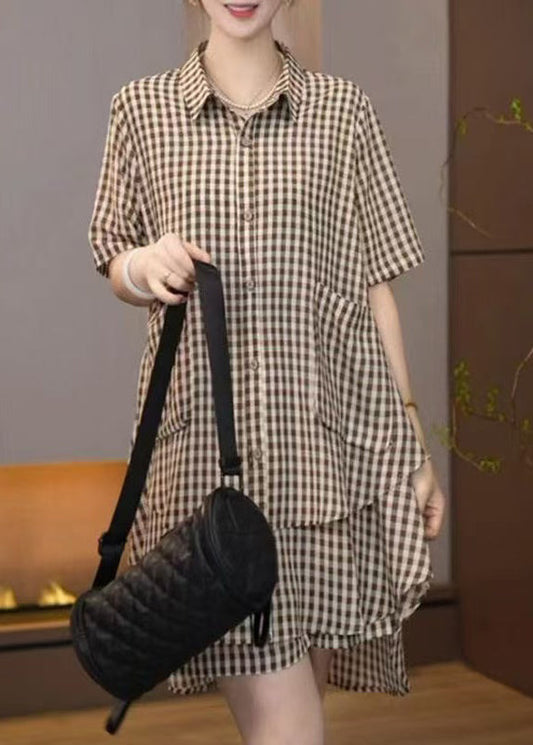 Cotton Brown Set Plaid Oversized Summer Two Bohemian Pieces FashionChic