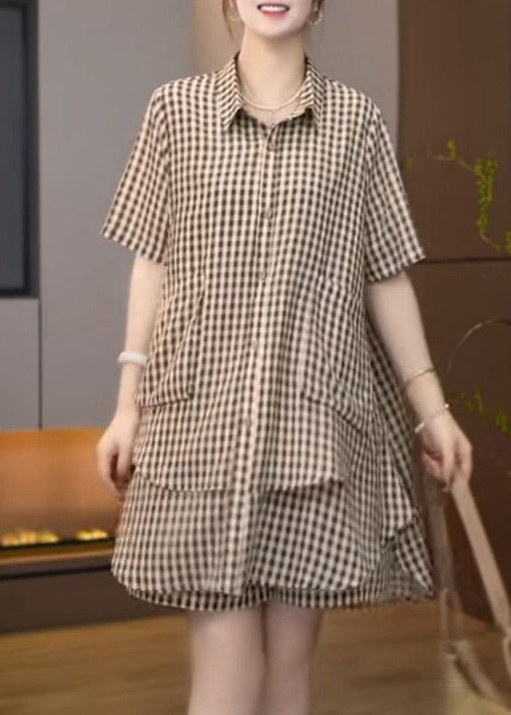 Cotton Brown Set Plaid Oversized Summer Two Bohemian Pieces FashionChic