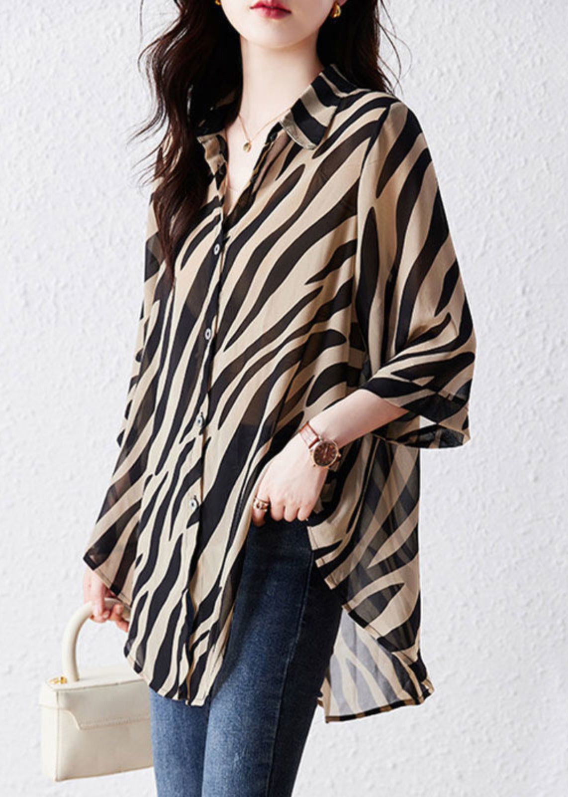 Bohemian Brown Oversized Striped Chiffon Shirt Top Summer YY029 OL-LTP2408-16