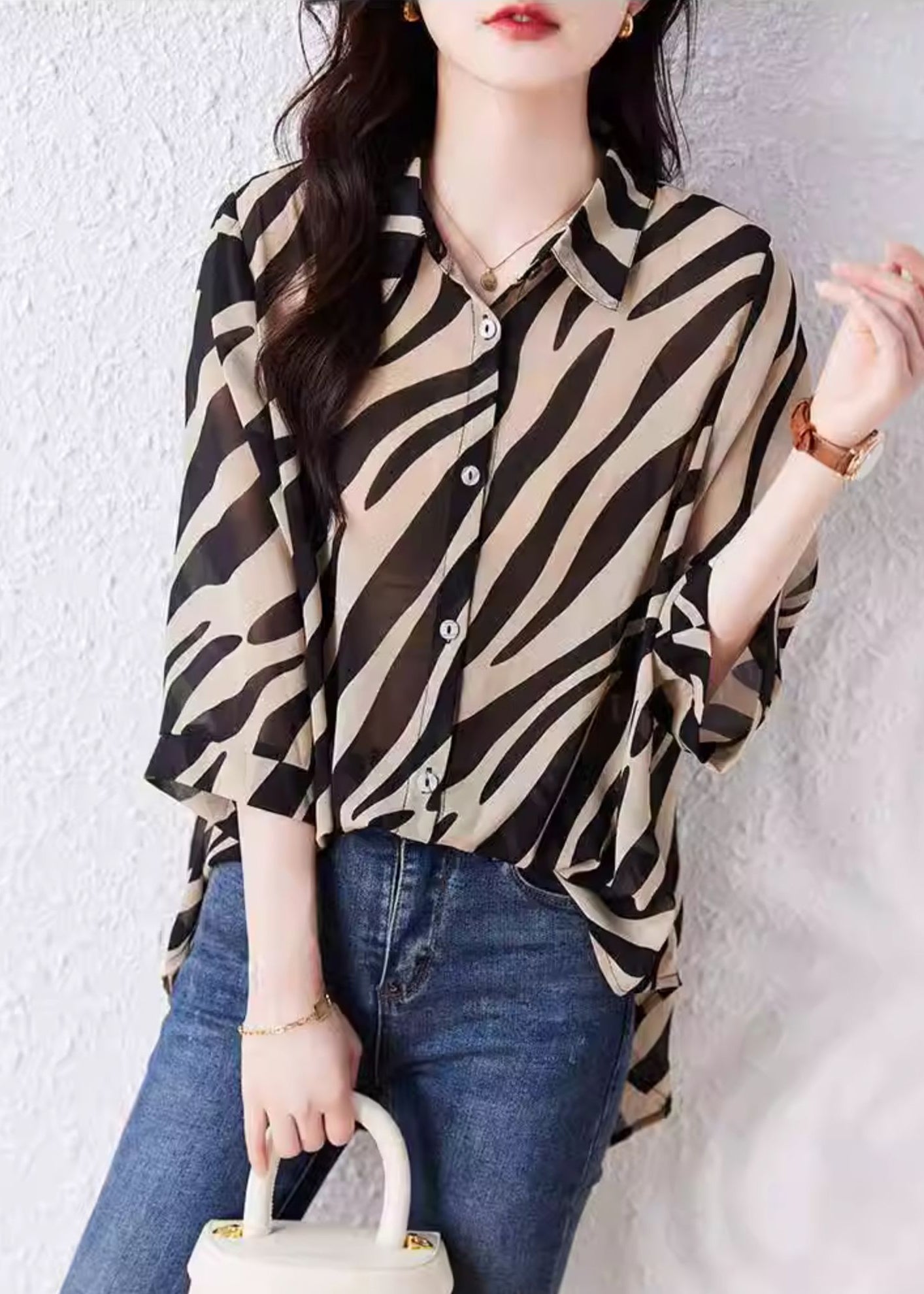 Bohemian Brown Oversized Striped Chiffon Shirt Top Summer YY029 OL-LTP2408-16