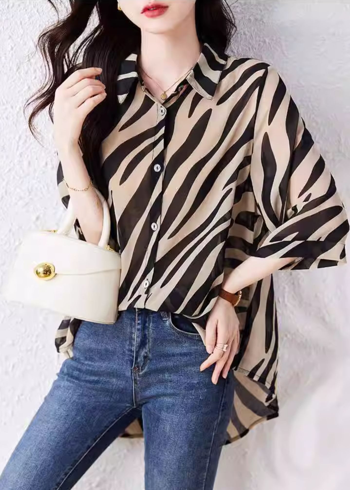 Bohemian Brown Oversized Striped Chiffon Shirt Top Summer YY029 OL-LTP2408-16