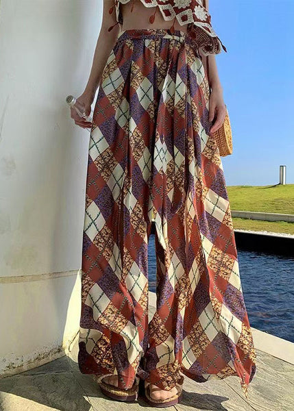 Open Chiffon Pants Wide Print Brown Summer Bohemian Side Leg FashionChic