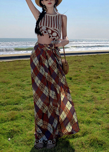 Open Chiffon Pants Wide Print Brown Summer Bohemian Side Leg FashionChic