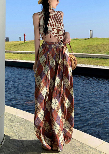 Open Chiffon Pants Wide Print Brown Summer Bohemian Side Leg FashionChic