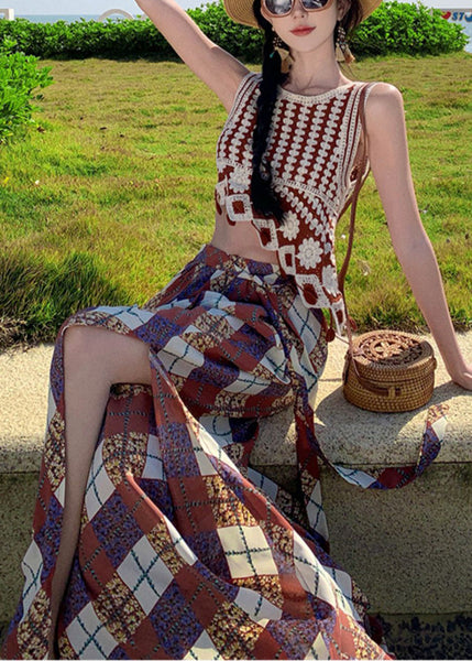 Open Chiffon Pants Wide Print Brown Summer Bohemian Side Leg FashionChic