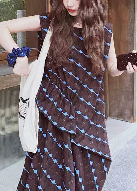 Line Print A Oversized Bohemian Dress Cotton Sleeveless Chocolate FashionChic