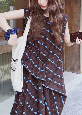 Line Print A Oversized Bohemian Dress Cotton Sleeveless Chocolate FashionChic