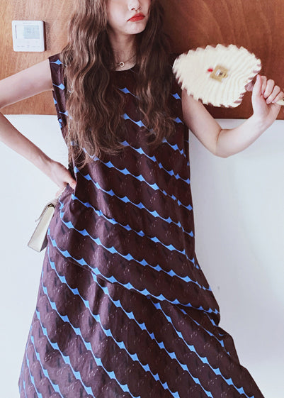 Line Print A Oversized Bohemian Dress Cotton Sleeveless Chocolate FashionChic