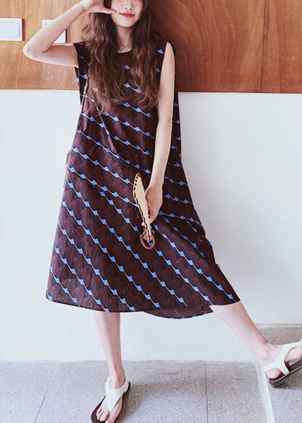 Line Print A Oversized Bohemian Dress Cotton Sleeveless Chocolate FashionChic