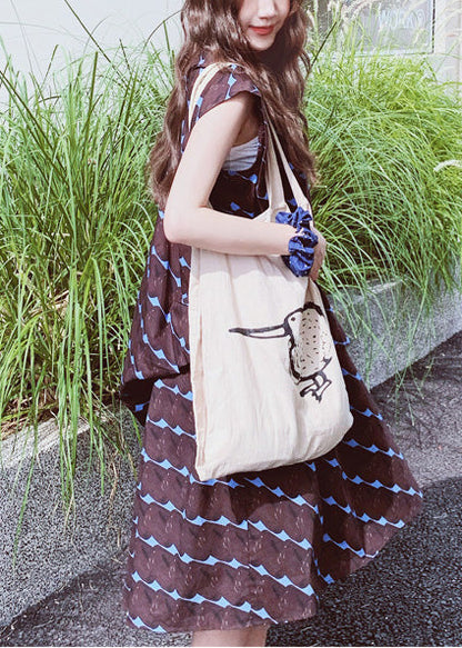 Line Print A Oversized Bohemian Dress Cotton Sleeveless Chocolate FashionChic