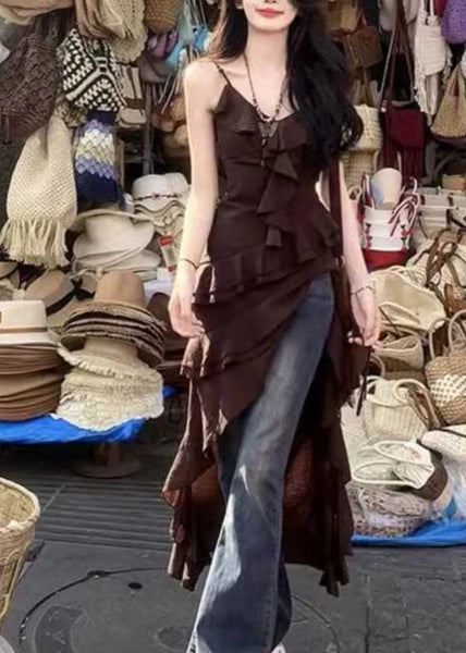 Bohemian Chocolate V Neck Asymmetrical Ruffled Spaghetti Strap Dress Summer UU1026 SH-LF-SDL240526