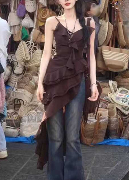 Bohemian Chocolate V Neck Asymmetrical Ruffled Spaghetti Strap Dress Summer UU1026 SH-LF-SDL240526