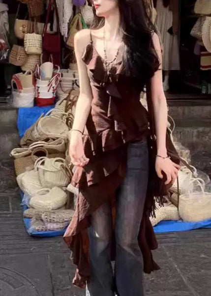 Bohemian Chocolate V Neck Asymmetrical Ruffled Spaghetti Strap Dress Summer UU1026 SH-LF-SDL240526