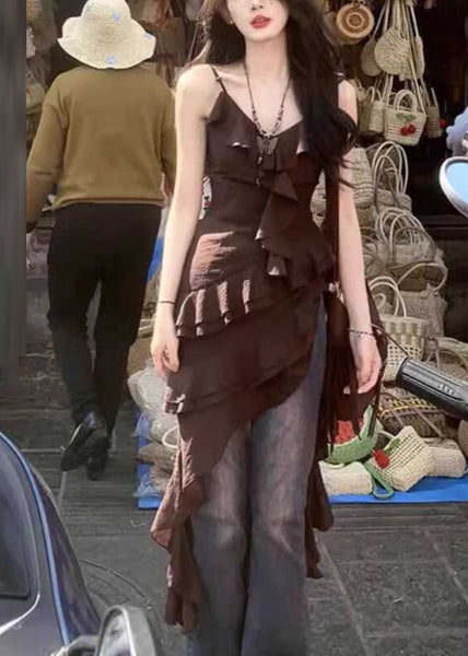 Bohemian Chocolate V Neck Asymmetrical Ruffled Spaghetti Strap Dress Summer UU1026 SH-LF-SDL240526