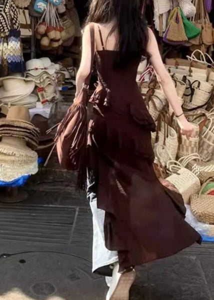 Bohemian Chocolate V Neck Asymmetrical Ruffled Spaghetti Strap Dress Summer UU1026 SH-LF-SDL240526