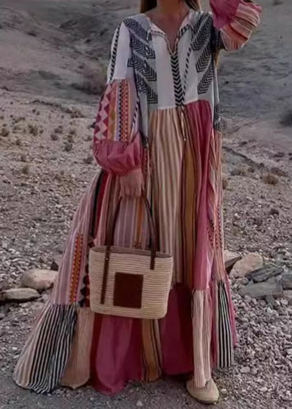 Bohemian Colorblock Lace Up Print Cotton Maxi Dress Long Sleeve BB055 Hawaii-FDL240622