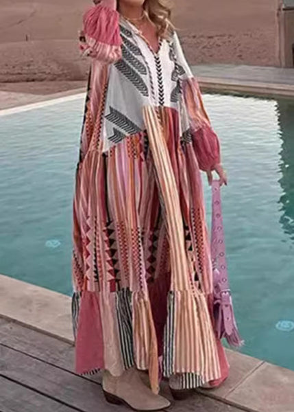 Bohemian Colorblock Lace Up Print Cotton Maxi Dress Long Sleeve BB055 Hawaii-FDL240622