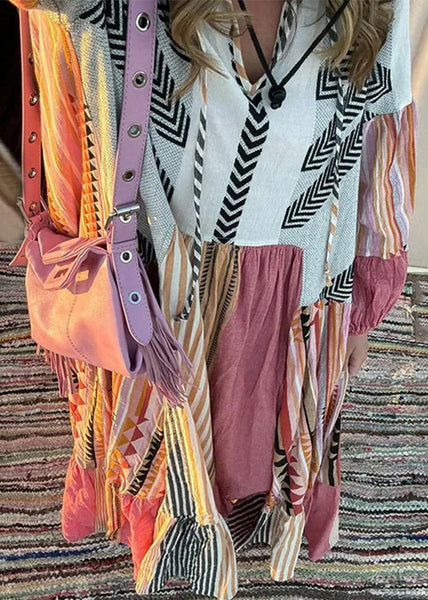 Bohemian Colorblock Lace Up Print Cotton Maxi Dress Long Sleeve BB055 Hawaii-FDL240622