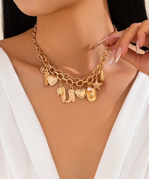 Necklace Gold Alloy Asymmetrical Bohemian Pendant Pearl Metal FashionChic