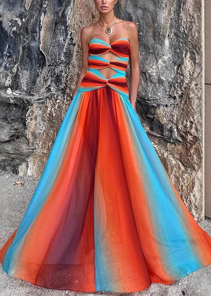 Hem Bohemian Large Exra Color Gradient Strapless Dress Chiffon FashionChic