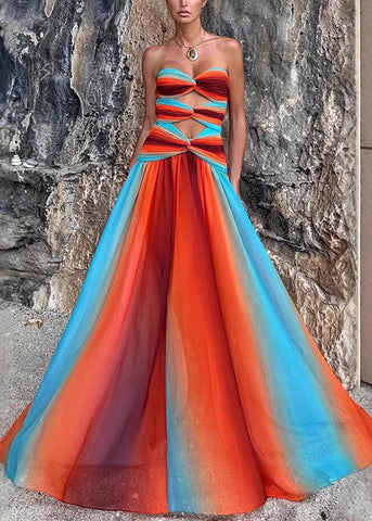 Hem Bohemian Large Exra Color Gradient Strapless Dress Chiffon FashionChic