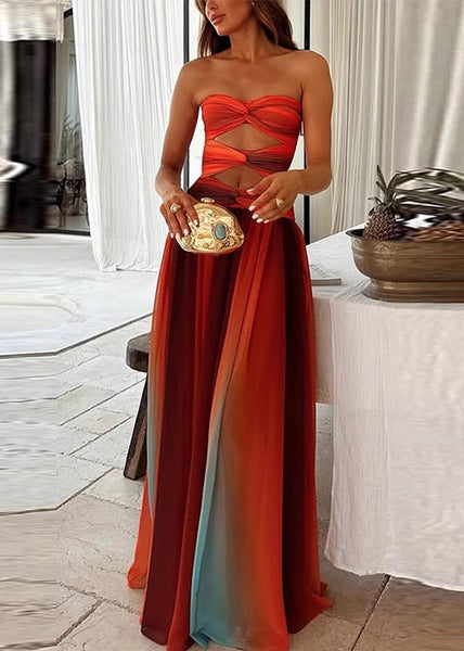 Hem Bohemian Large Exra Color Gradient Strapless Dress Chiffon FashionChic