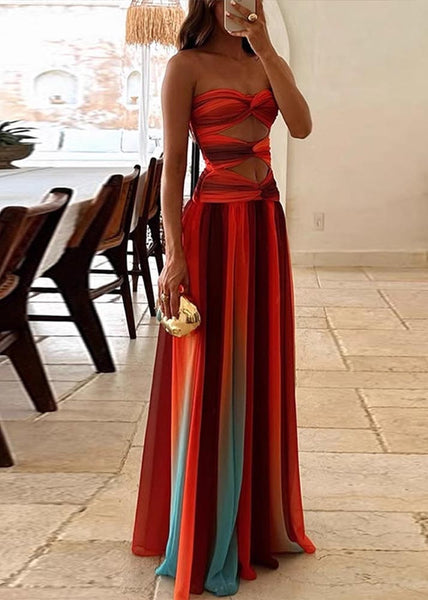Hem Bohemian Large Exra Color Gradient Strapless Dress Chiffon FashionChic
