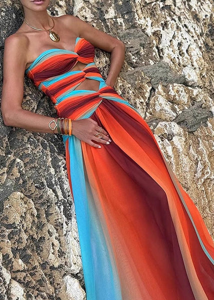 Hem Bohemian Large Exra Color Gradient Strapless Dress Chiffon FashionChic