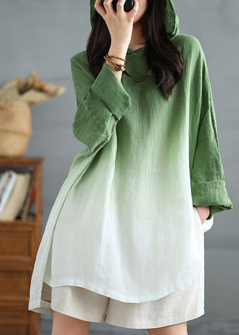 Green Bohemian Linen Hooded Gradient Loose Spring Sweatshirts FashionChic